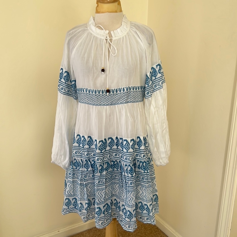 New! Oliphant small Santorini blue/white combo balloon sleeve dress.